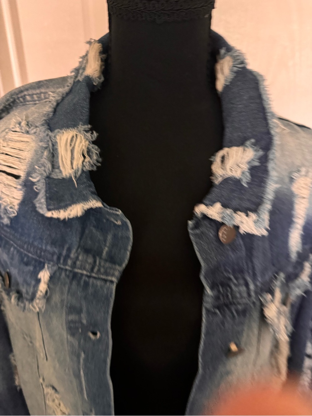 Women's Distressed Blue Denim Jean Jacket - Frayed Detail